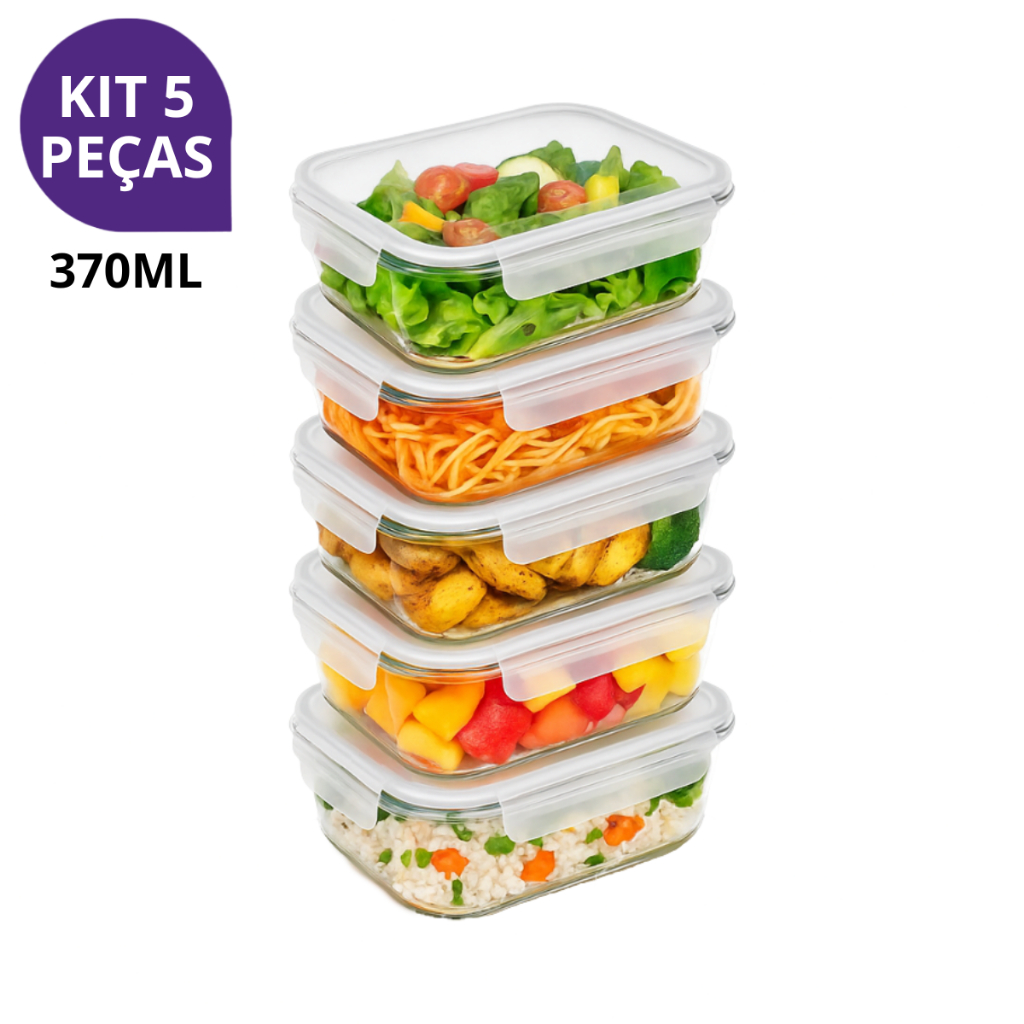 Kit 5 Potes Hermético Vidro 370ml Marmita Fitness Tampa 4 Travas Para Microondas e Freezer