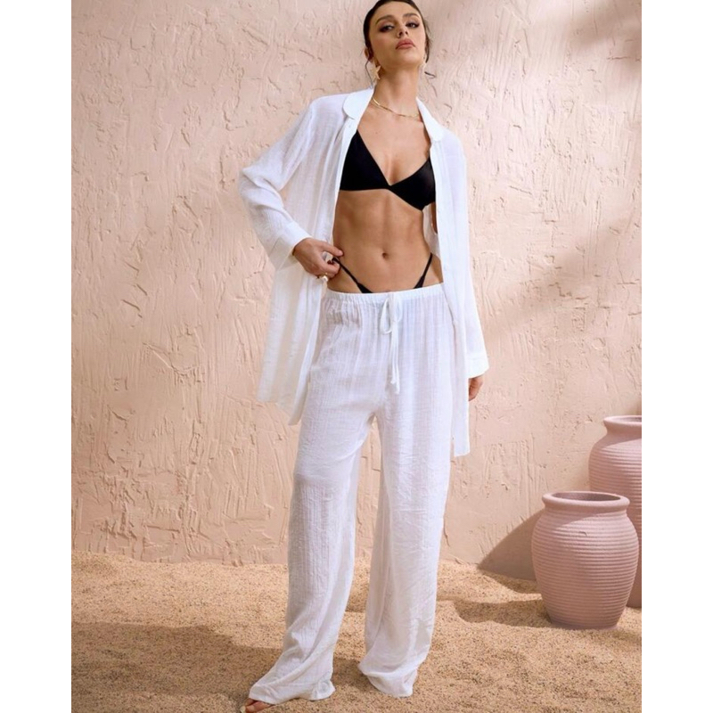 Calça Pantalona Branca Feminina Praia Cintura Alta com Cordão Elegante Verão