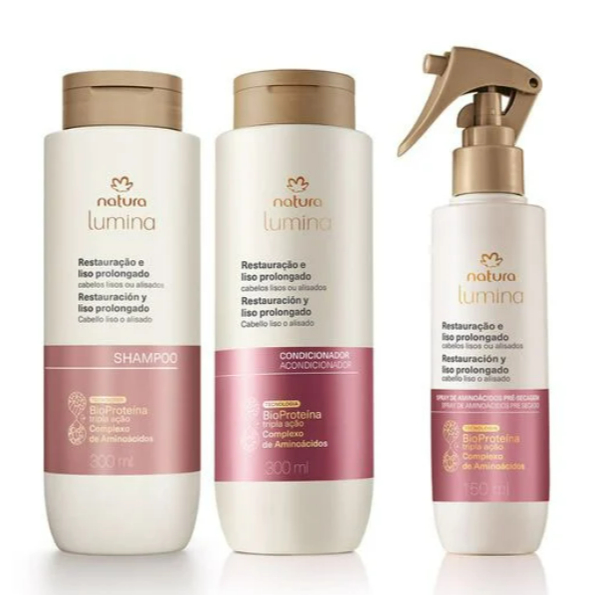 Kit Natura Lumina Shampoo, Condicionador e Spray Lumina para Restauração e Liso Prolongado (3 produtos)