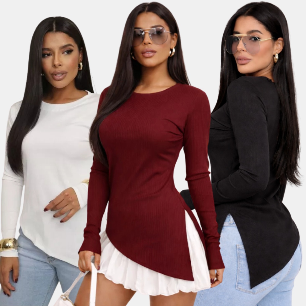 Blusa Feminina Manga Longa Assimétrica Ribana Moda Inverno Chique Elegante Estilosa Tendência