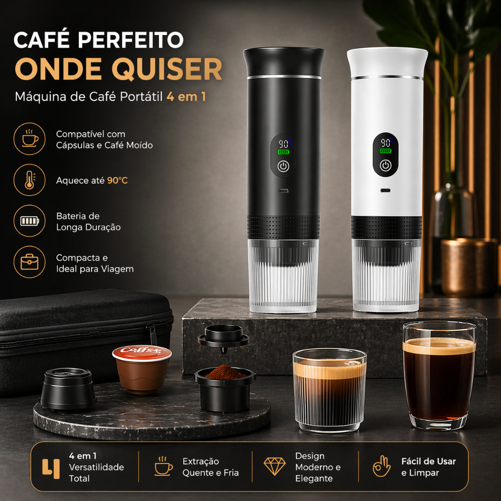 Cafeteira Portátil Mini Compacta Veicular 3 em 1 Com Aquecimento Espresso USB Cápsula e Pó