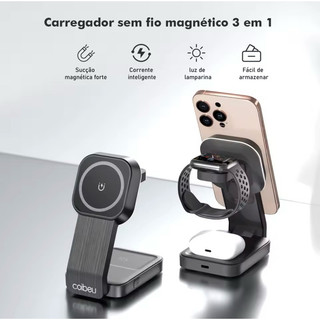 Carregador Magnético 3 Em 1 Dobrável Apple e Android AirPod, applewhatch e relógio