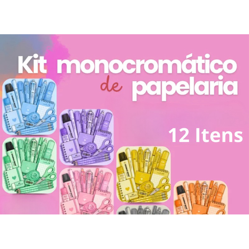 Kit 12 Itens de Papelaria Monocromático Presente - Coleção Exclusiva - Papelaria
