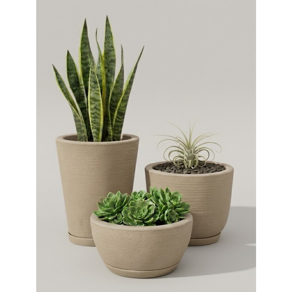 Kit Com 3 Vasos Decorativo de Planta Escovado Polietileno Com Prato Cone + Bojo + Bacia