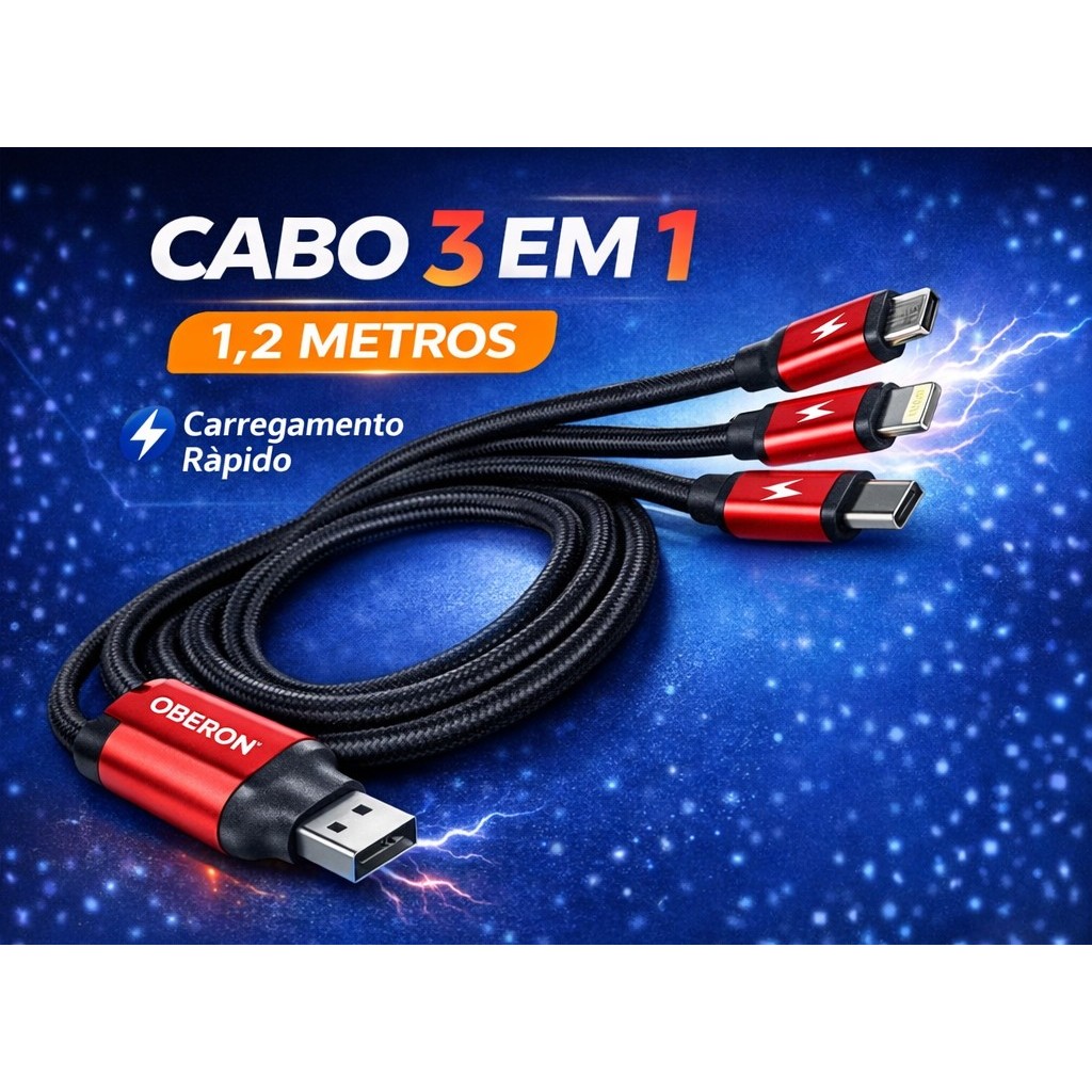 Cabo 3 em 1 Carregador Universal 1,2m Tipo C,MICRO USB e iPhone Lightning – Carregamento Rápido OFERTA LIMITADA🔥🔥