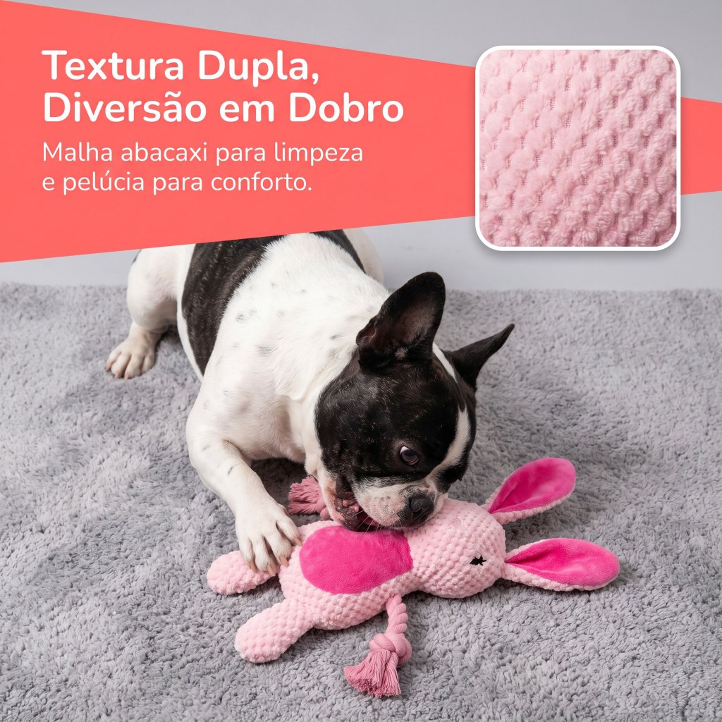 Brinquedo Coelho Pelúcia c/ Corda p/ Cães | Tecido Abacaxi Anti-Rasgo | Corda Reforçada | Com Apito