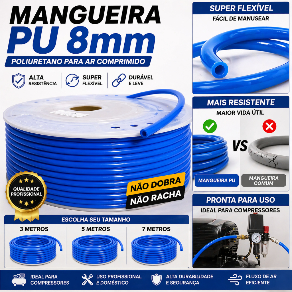 Mangueira PU 8mm Ar Comprimido - Mangueira Pneumática 8mm Compressor de Ar e Ferramentas Pneumáticas Universal