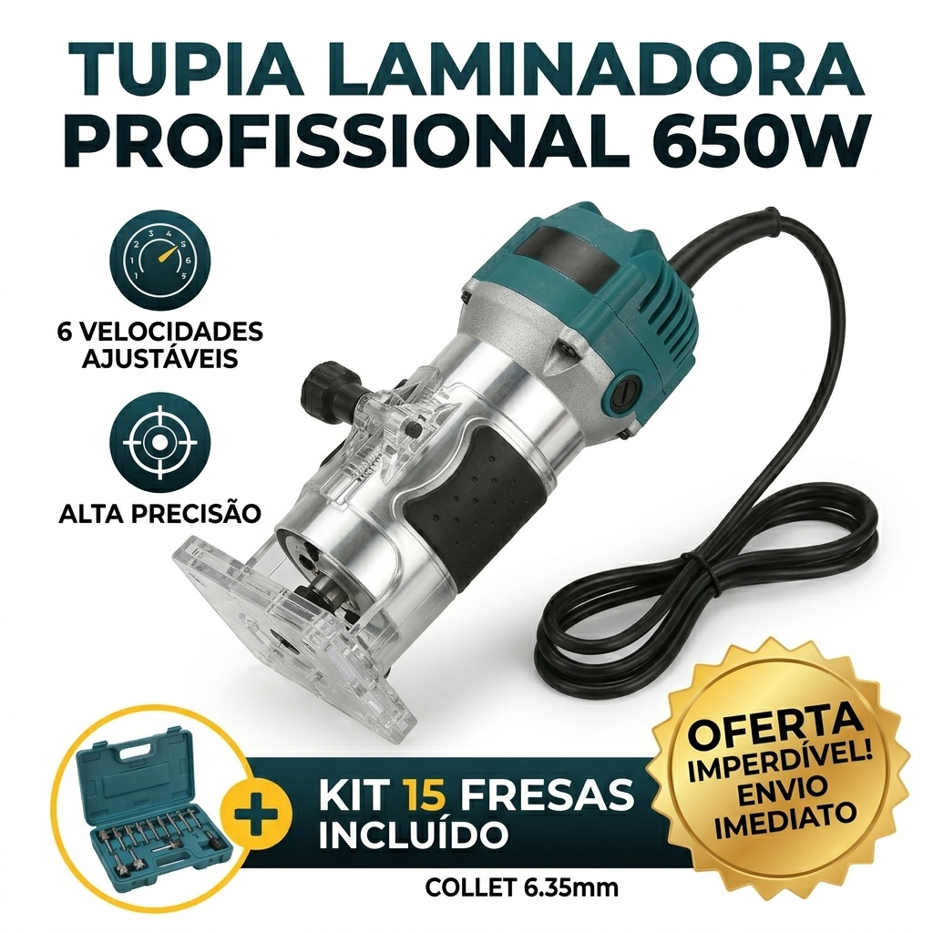 Tupia de Coluna Laminadora Elétrica 650W Profissional 30000RPM para Madeira com Kit 15 Peças Fresas - 110V/220V