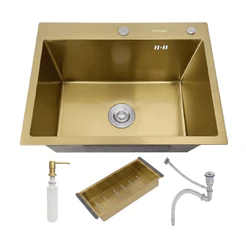 Cuba Pia Inox Dourada Quadrada Cozinha Gourmet 60cm com Acessórios