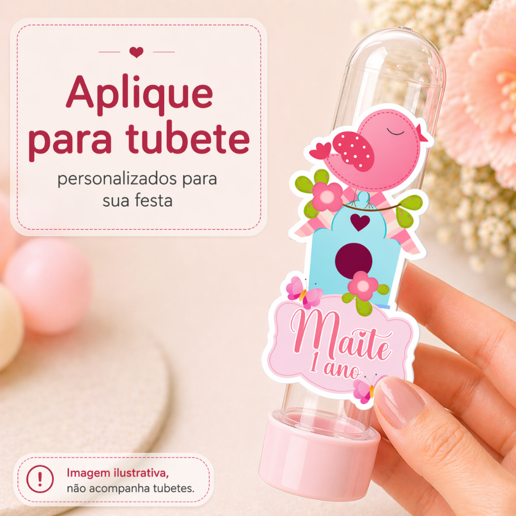 Aplique Personalizado para Tubete Tema Jardim Encantado cute passarinho Lembrancinha Festa Infantil