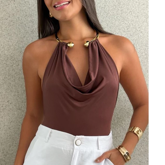 Blusa Feminina Argola Colar Decote V Vazado Costas Nua Suplex Premium Estilosa Elegante — imagem 1