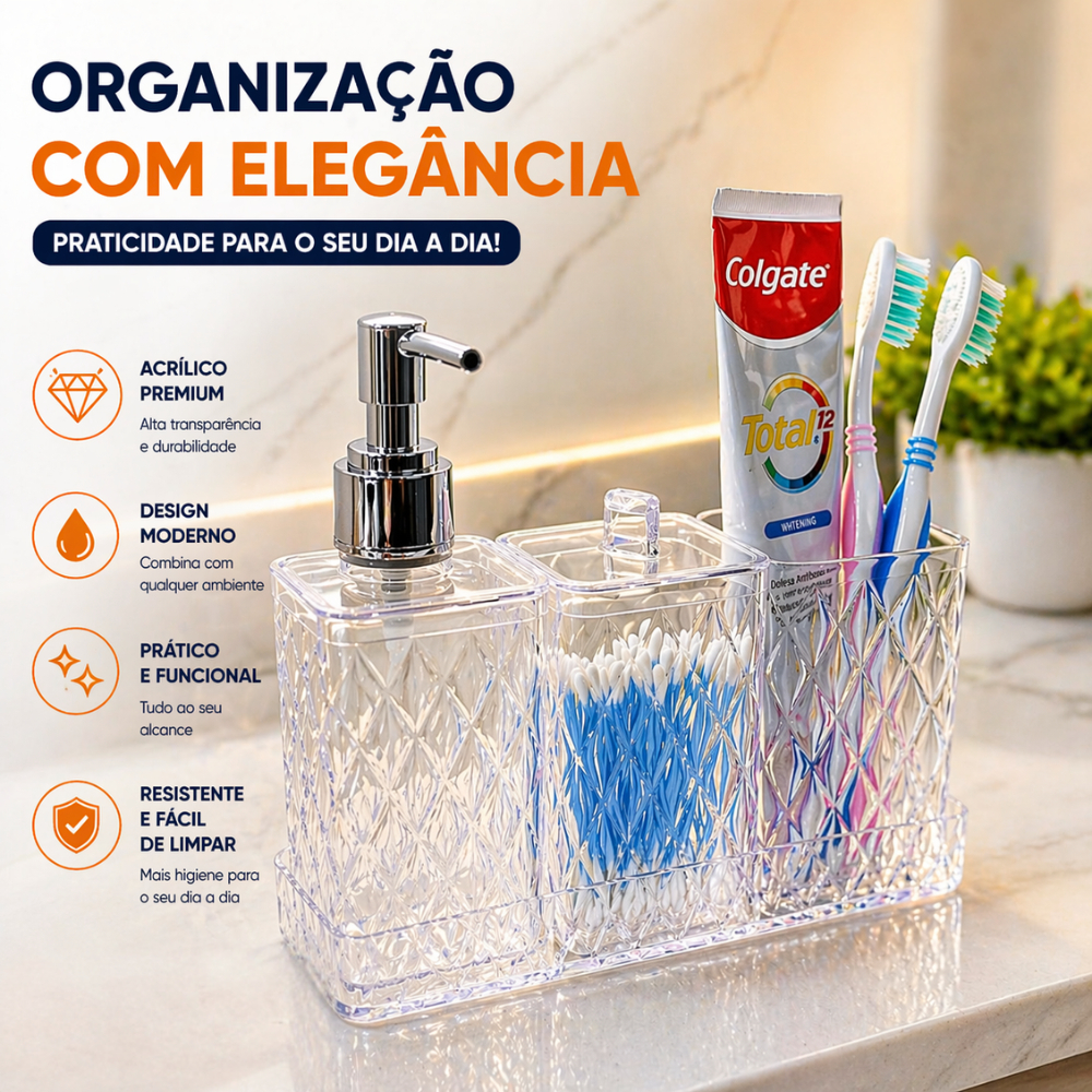 Kit Banheiro Lavabo Glamour 4 peças Completo Luxo Plasútil Organizador de Utensílios Decoração