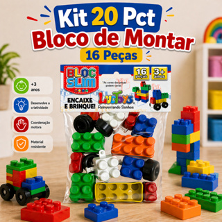 Kit 20 Pct Bloco de Montar 16 Peças com Rodinha Brinquedo Infantil Didático Educativo Lembrancinha em Oferta na Shopee