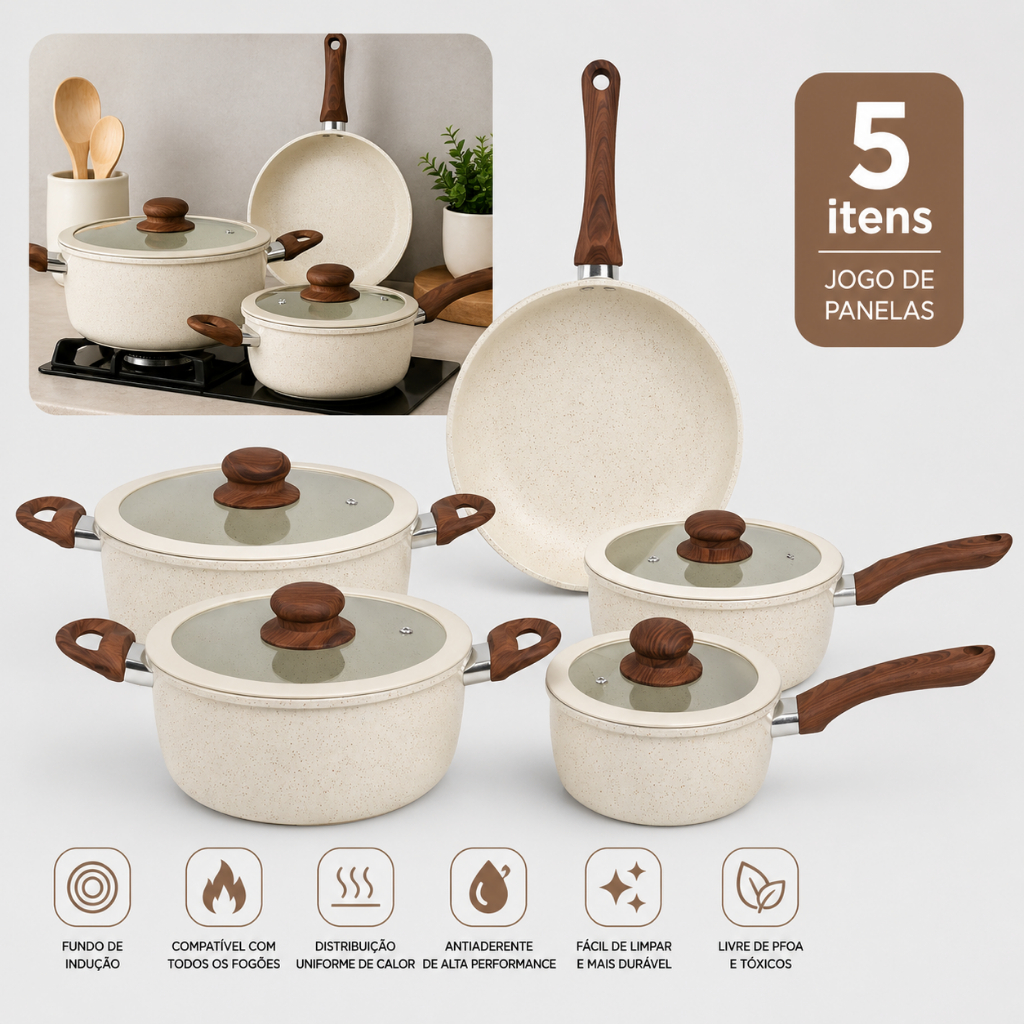 Conjunto Jogo Panelas 5 Peças Indução Ceramica Caçarola Frigideira Antiaderente Tampa Vidro Shokki
