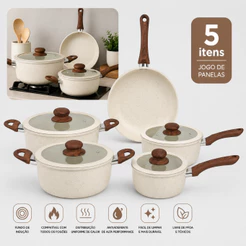 Conjunto Jogo Panelas 5 Peças Indução Ceramica Caçarola Frigideira Antiaderente Tampa Vidro Shokki