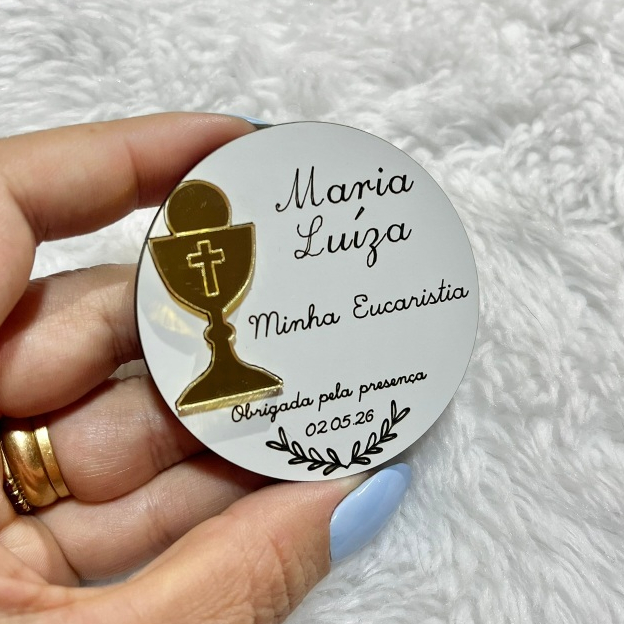 Lembrancinha Primeira Eucaristia Ímã Personalizado MDF com Acrílico Espelhado Cálice Kit