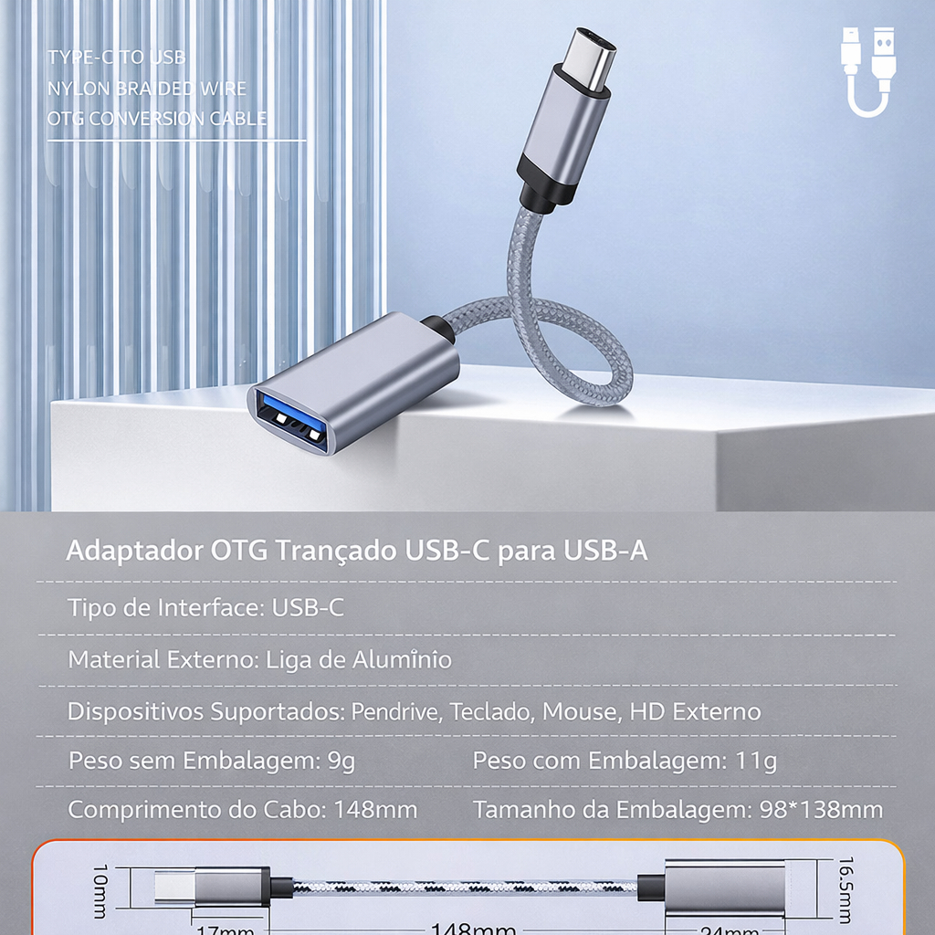 Adaptador OTG USB-C para USB – Cabo Conversor Trançado com Carregamento Rápido e Transferência de Alta Velocidade