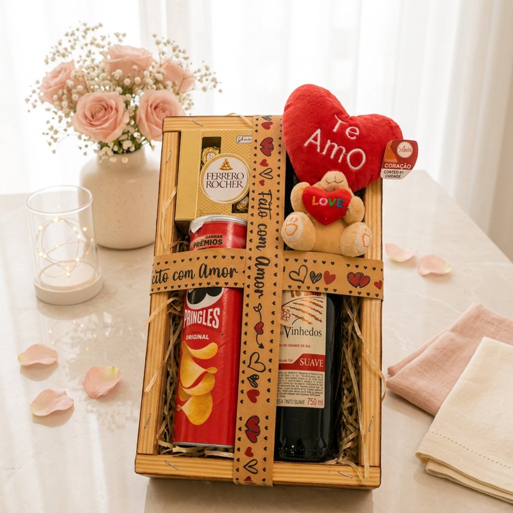 Cesta Presente Dia dos Namorados - Bebida +Ferrero rocher+ Batata + urso +caixa reutilizável +mini caneco