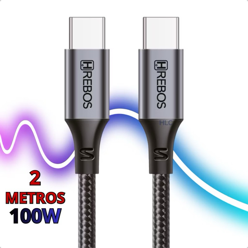 Cabo USB-C 100W Turbo 1m 2m 3m Hrebos Tipo C para Tipo C PD Carregamento Rápido Notebook MacBook Celular Power Bank Full