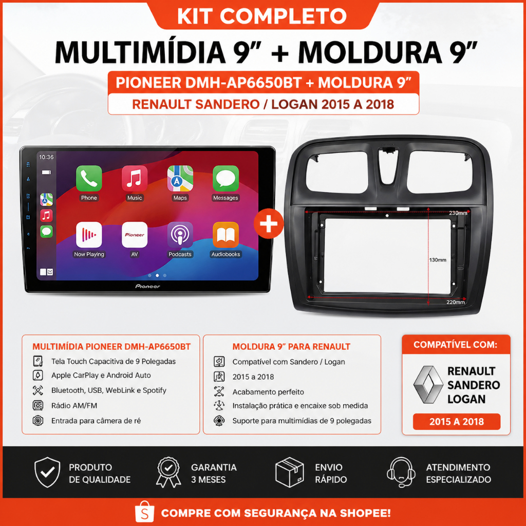 Multimidia Dmh-AP6650BT Pioneer 9 Polegadas + Moldura 9 Polegadas Para Renault Sandero/Logan 2015 a 2018 Preto Fosco