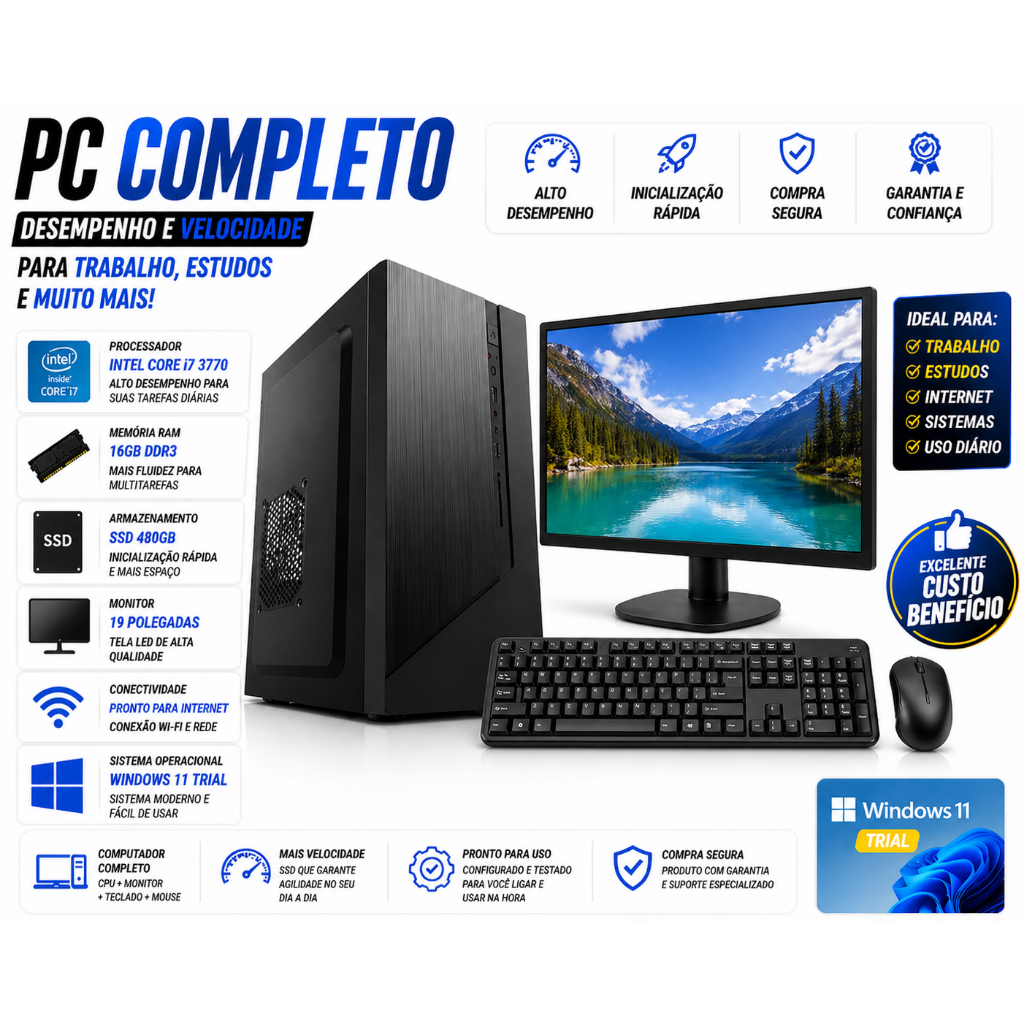 PC COMPLETO INTEL CPU I7 3770 MEMORIA 16GB SSD 480GB MONITOR 19 WINDOWS 11 TRIAL