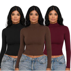 KIT 3 - Blusa Feminina Manga Longa Gola Alta Segunda Pele Básica Gola Estendida Justa Confortável Inverno