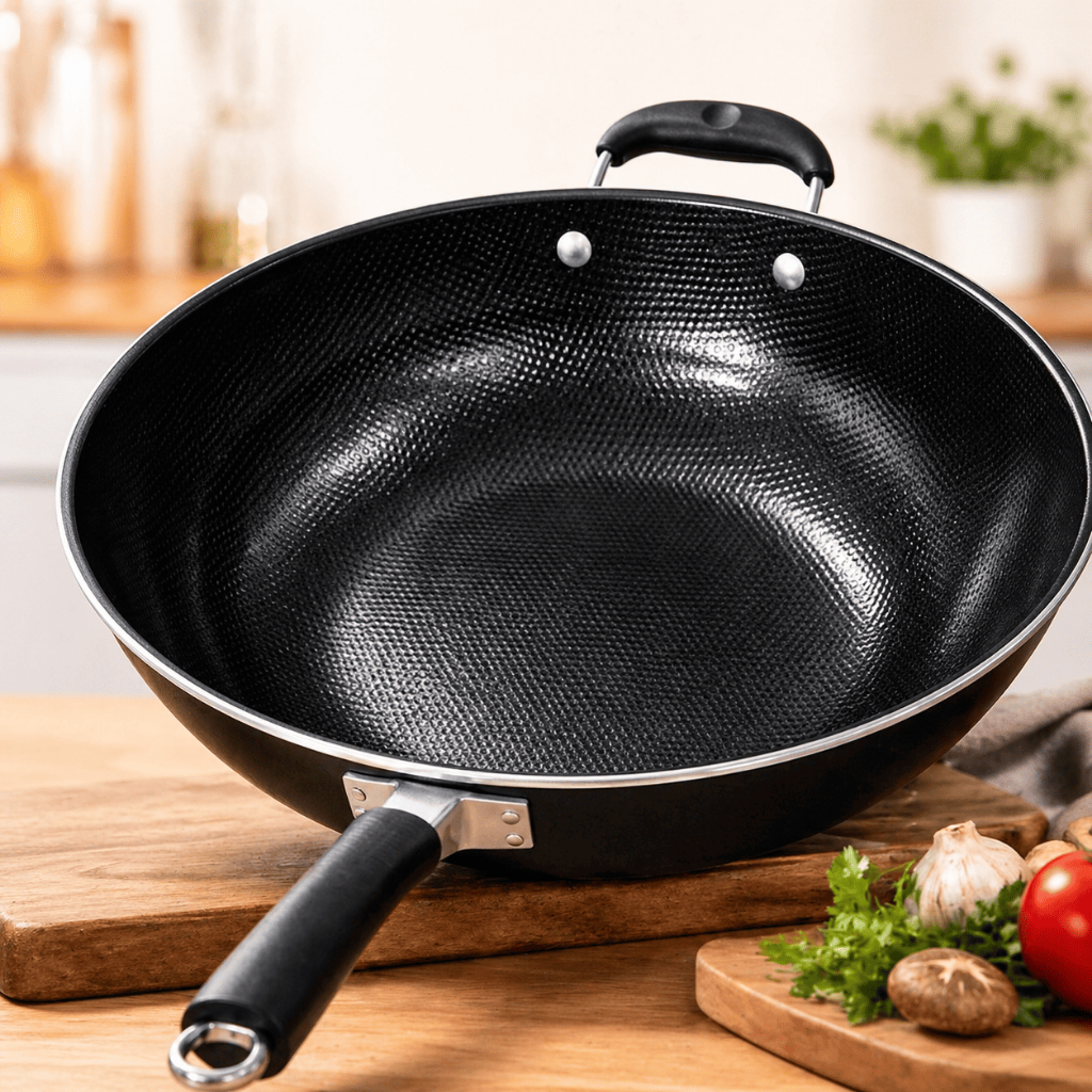 Imagem Frigideira Wok 34cm Antiaderente Profissional Panela Grande Cozinha Yakisoba Teflon Preta Resistente