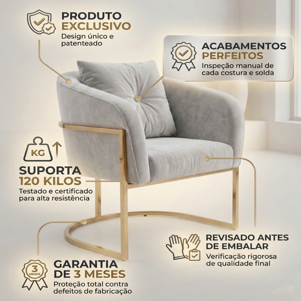 Poltrona Luca de Veludo 190 gramas Com Base de Metal Decorativa Para Sala, Salão, Quarto, Escritório, Recepção