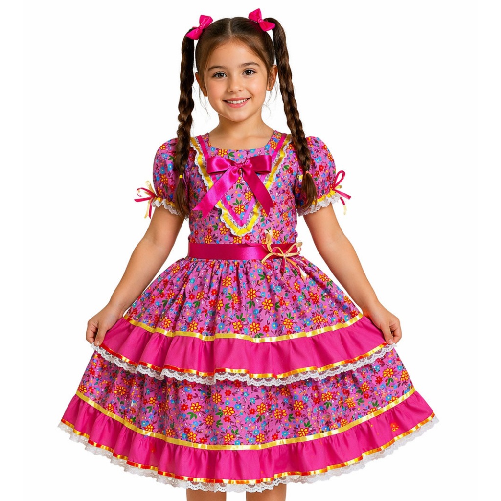 Vestido Festa Junina Menina Rosa Pink Menina Xadrez Infantil Roupa Junina Quadrilha