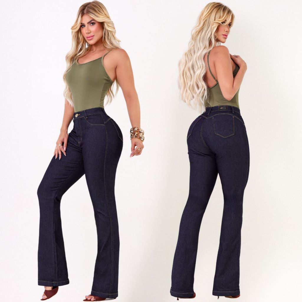 Calça Jeans Flare Feminina Cos Alto Com Lycra Elastano Premium Empina Bumbum Modeladora Boca de Sino