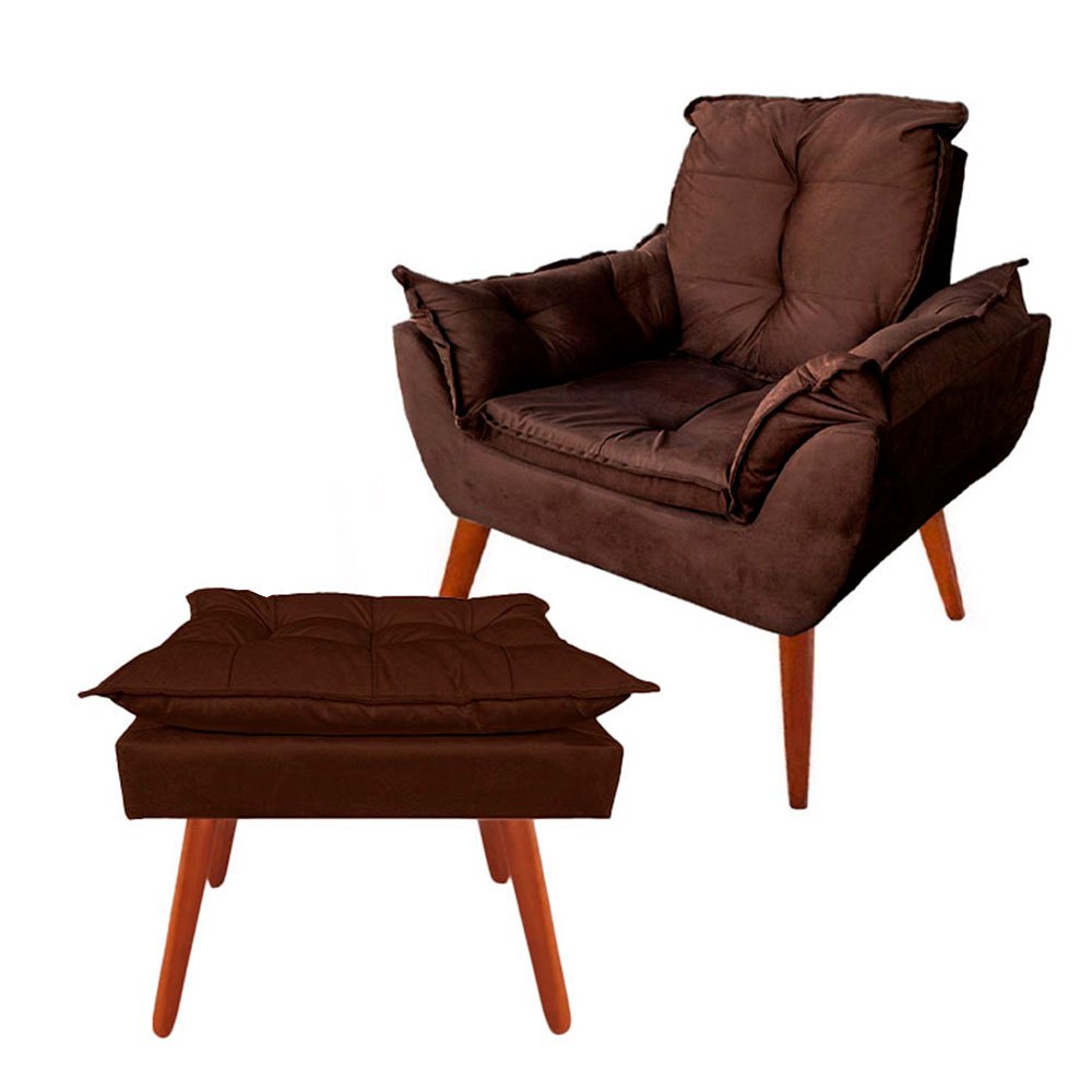 Cadeira Luxo + Puff Decoração Para Sala e Recepção Suede Marrom Bege Cinza Rose Preto Marrom