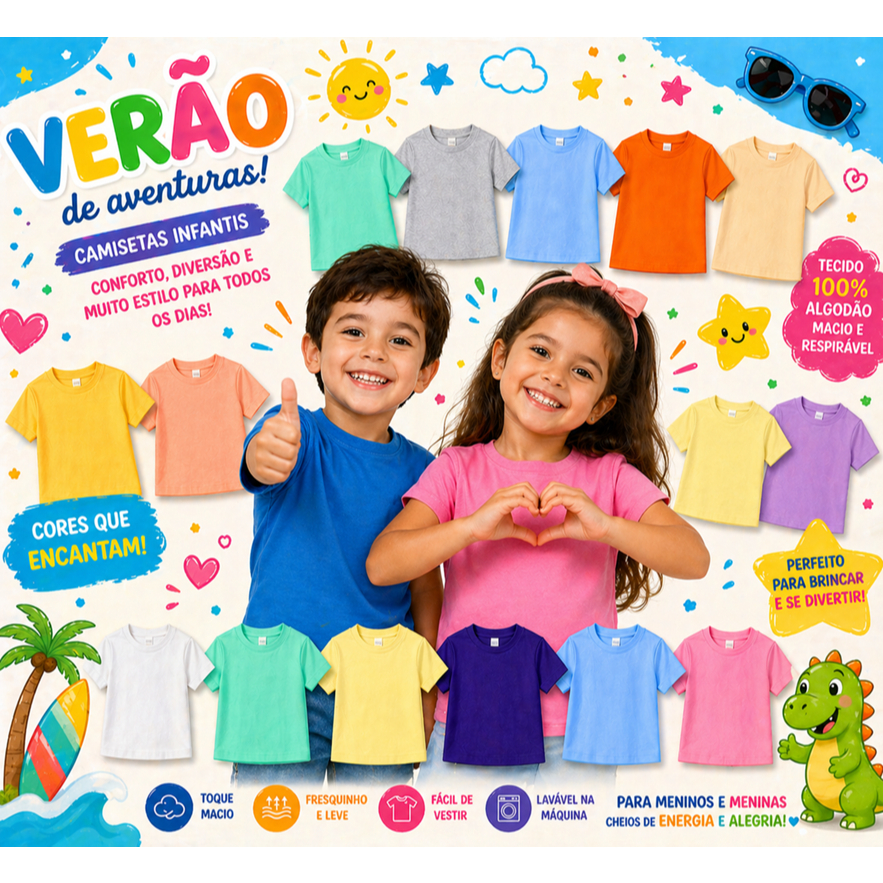 Kit até 10 Camisetas lisas sem estampas manga curta 100% Algodão para meninos e meninas cores sortidas