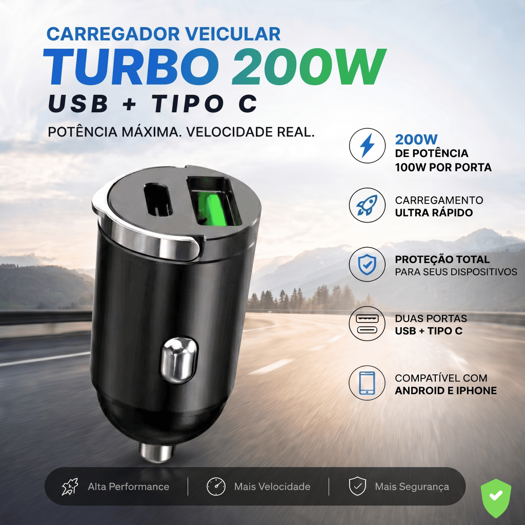 Carregador Veicular para carro Turbo USB 100W + Tipo C 100W Carregamento Rápido Dual Porta 12V 24V