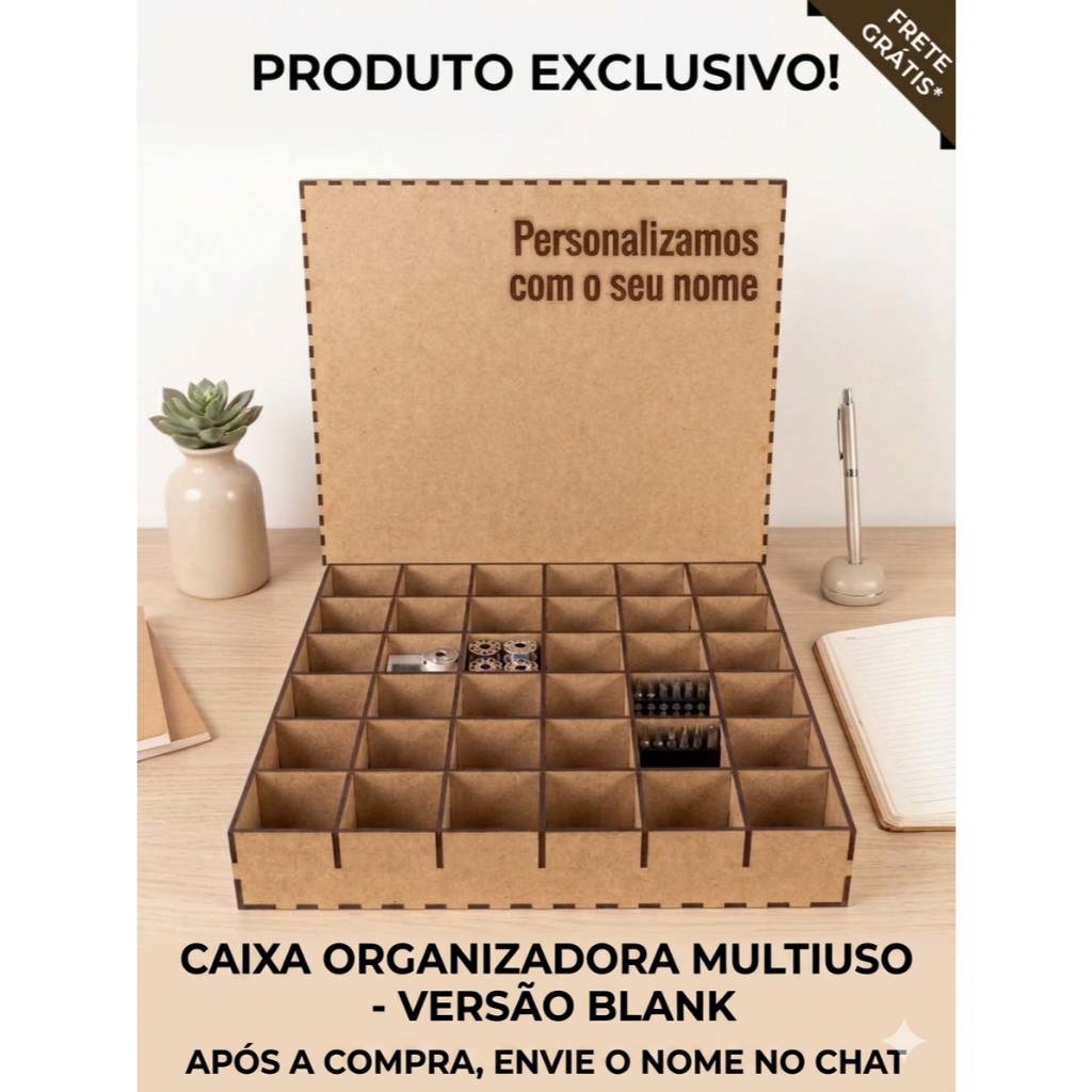 Caixa Organizadora MDF 36 Nichos 31x31 Divisórias Removíveis Personalização Gravação Laser seu Nome