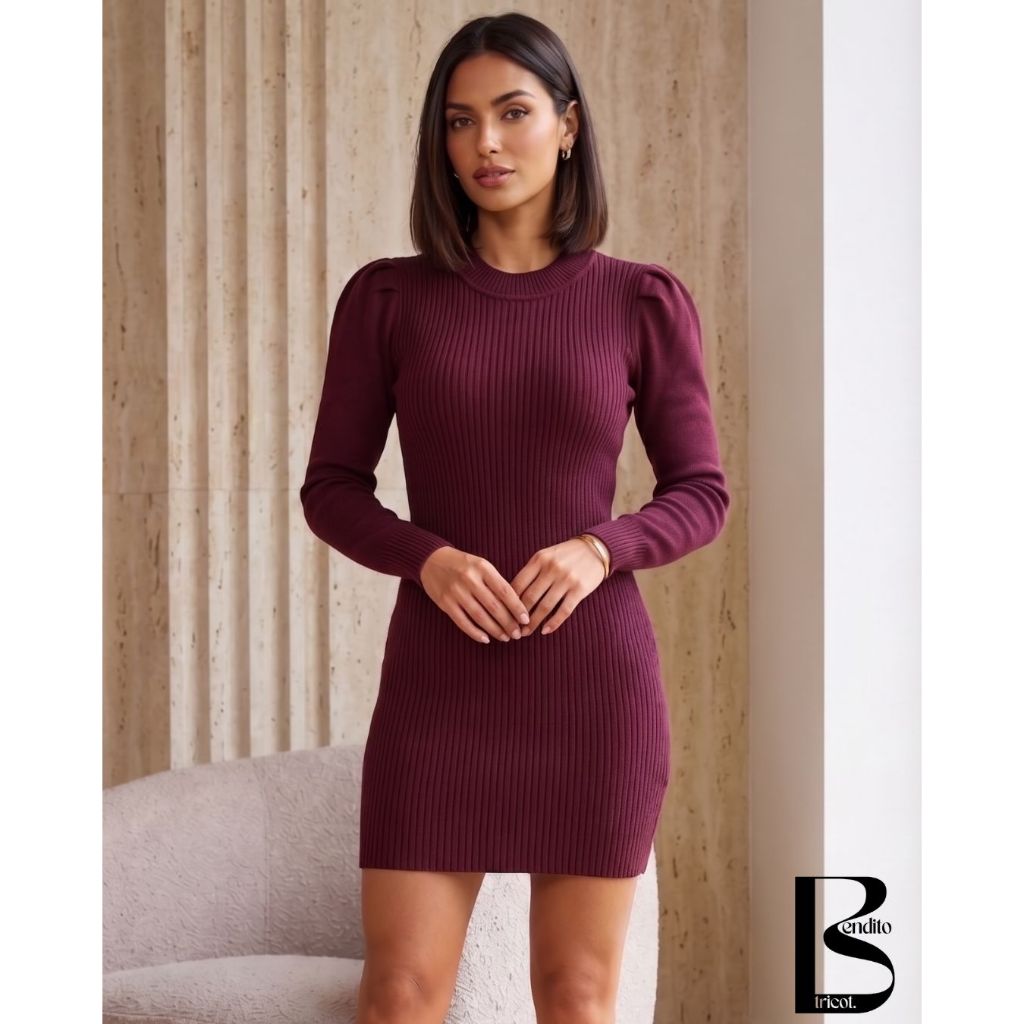 Vestido Feminino Tricot Manga Longa Elegante Curto Detalhe Franzido no Ombro tricô Moda Inverno