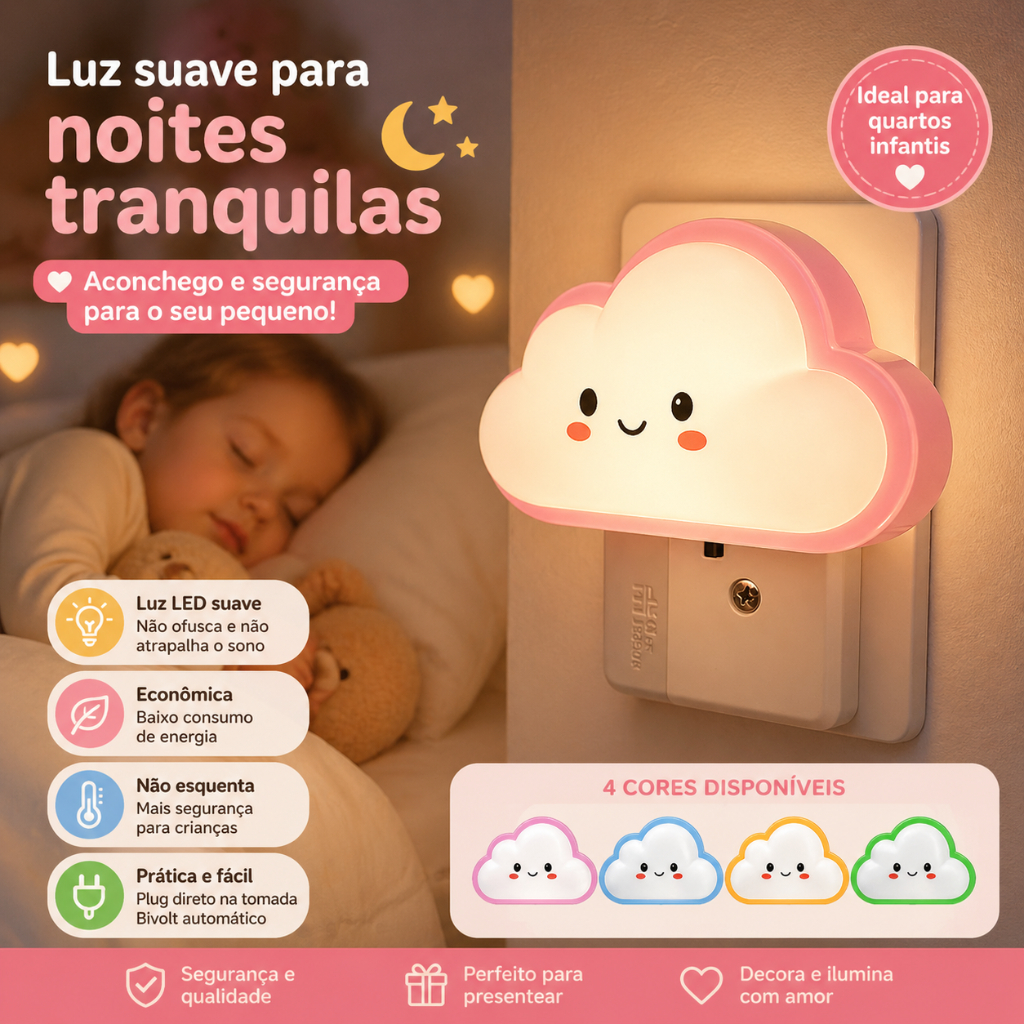 Abajur De Tomada Nuvem Com Luz Suave Noturna Para Noites Tranquilas | Mini Abajur Luz Led | Luminária Nuvem Infantil
