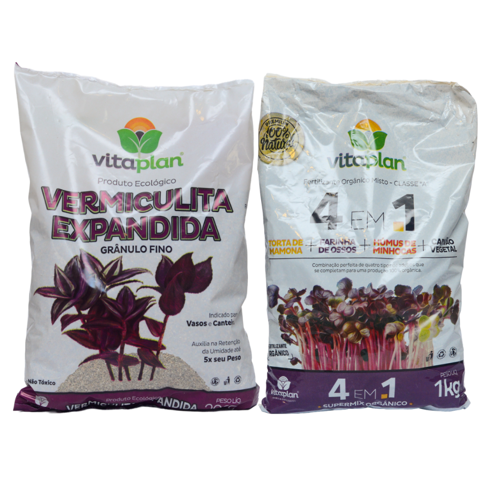 Vermiculita Expandida 200g + Fertilizante 4 em 1 Torta de Mamona Farinha de Ossos Humus de Minhocas Carvão Vegetal 1kg