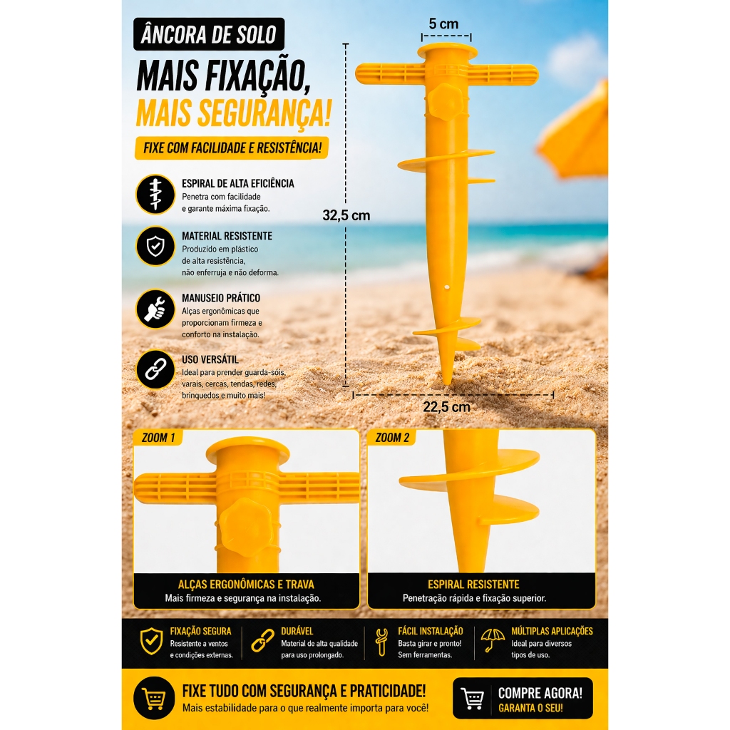Saca Areia Furador Suporte para Guarda Sol Praia Rosca Ancora Base Fixa Suporte Fixador Vara de Pesca 30cm