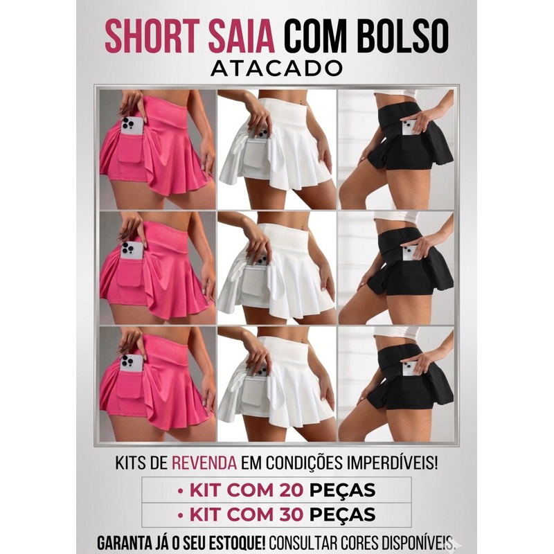 Kit Atacado Short saia Com bolso 30 ou 20 Suplex moda academia fitness