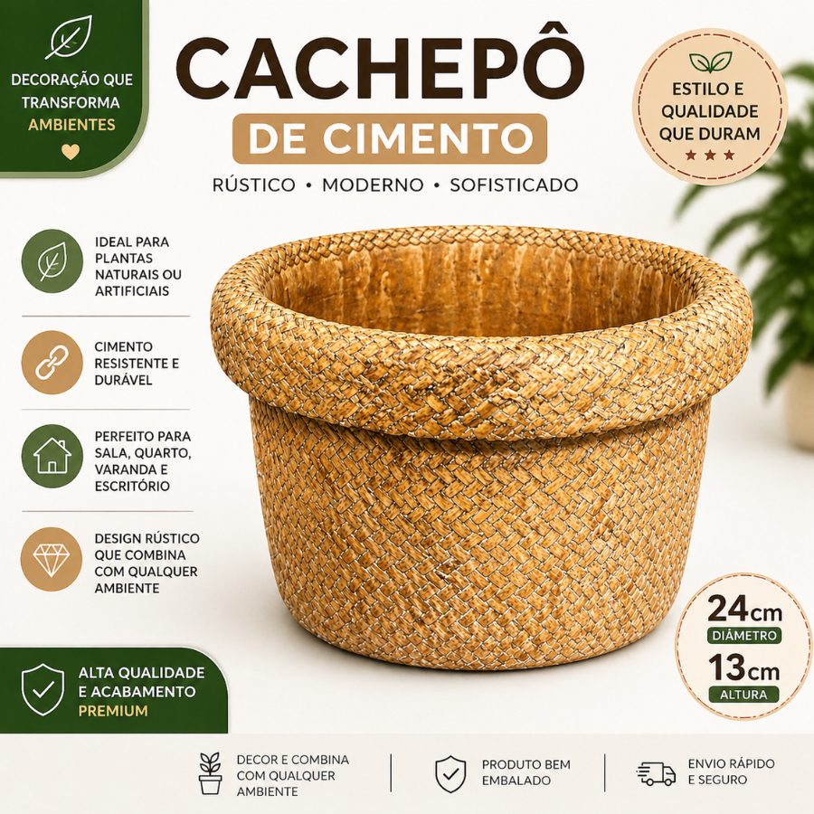 Cachepot de Cimento Premium 24x24x13cm Vaso Decorativo Rústico para Plantas Decoração Sala Jardim