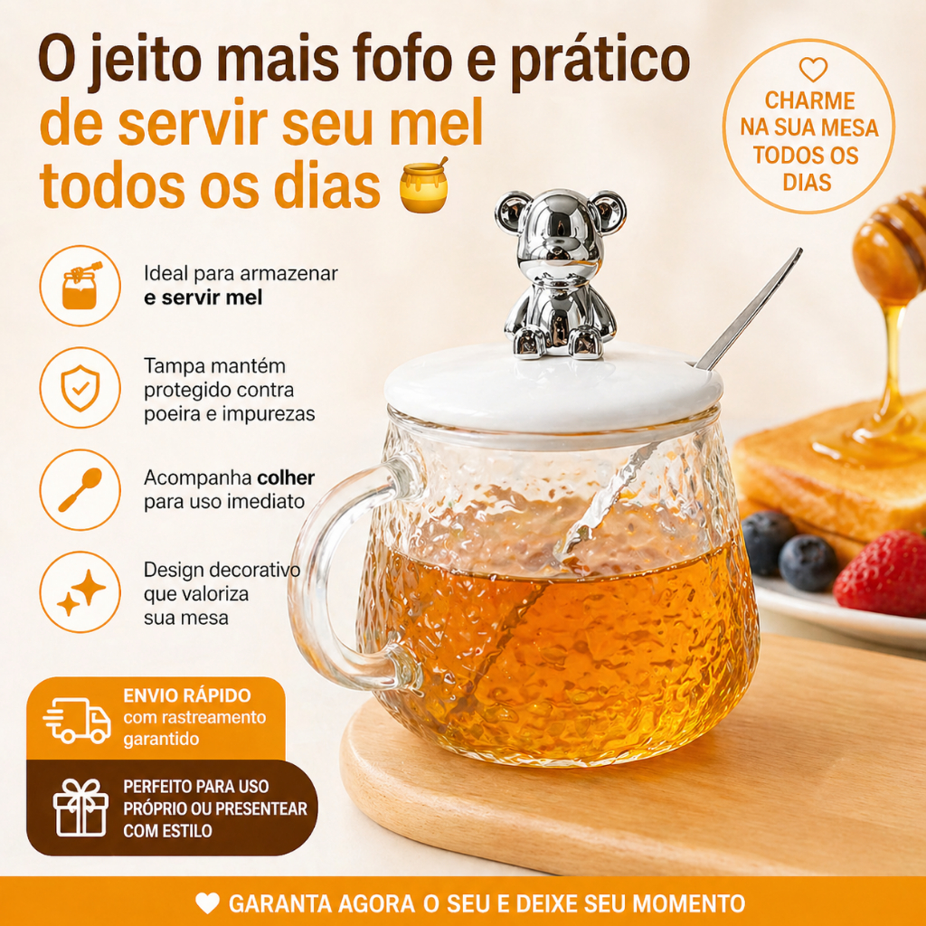MelBearly™ Caneca de Vidro para Mel com Tampa Ursinho e Colher 400ml Pote para Mel Charmoso Mantém Protegido Elegante