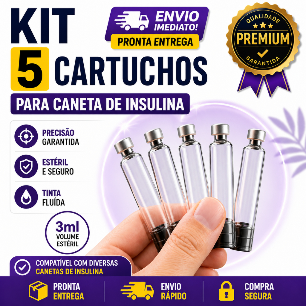 👉 Cartucho Caneta Insulina 3ml Estéril Kit 5 Unidades Compatível HumaPen