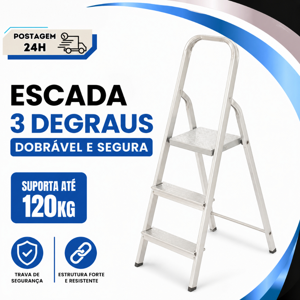 Escada 3 Degraus Alumínio Doméstica Dobrável Forte Reforçada