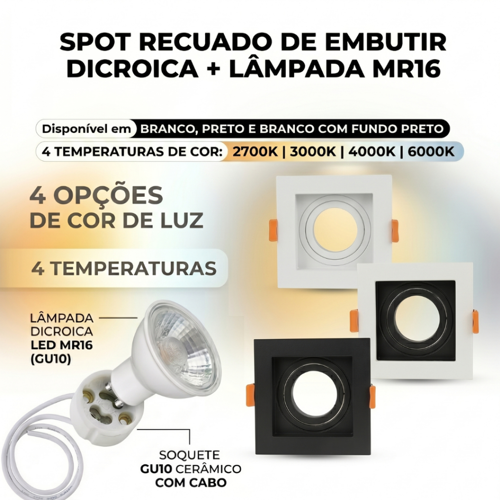 Spot Embutido Quadrado Recuado Dicroica Spot Gu10 MR16 Fundo Preto