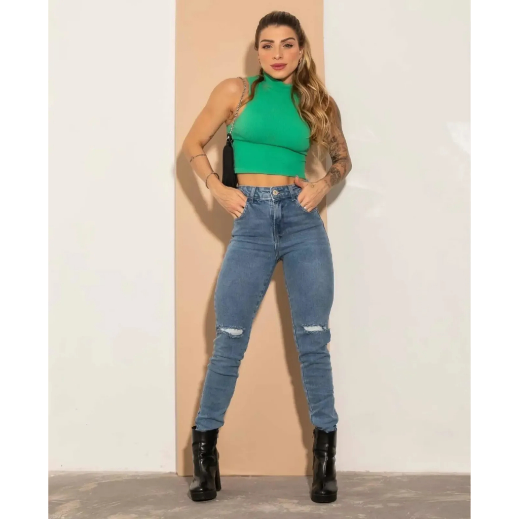 Calça Jeans Feminina Skinny Destroy Rasgada Tendência Blogueira glitter jeans