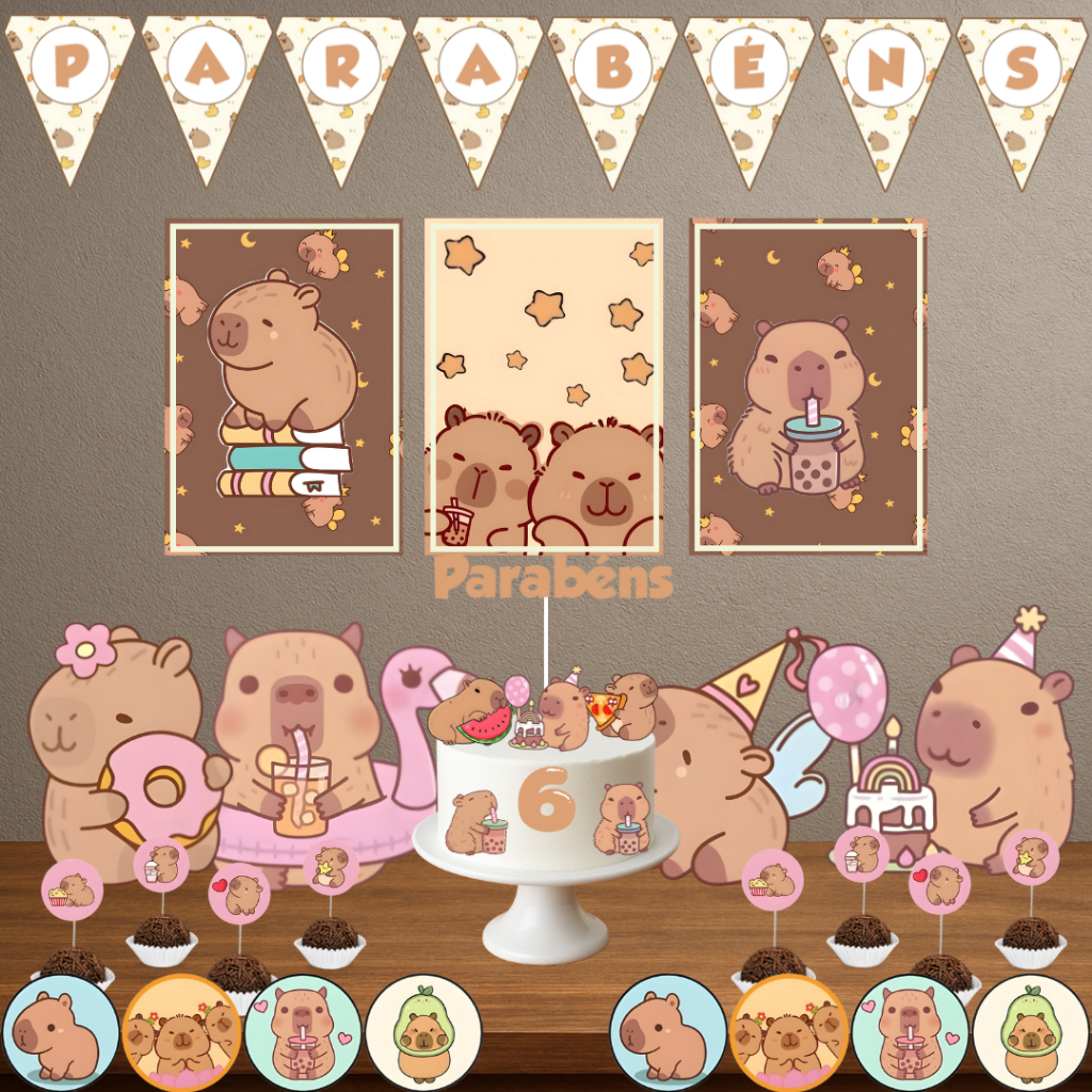 Kit Festa Pronta Capivara, Menina – Personalizado com Nome e Idade, Só Um Bolinho