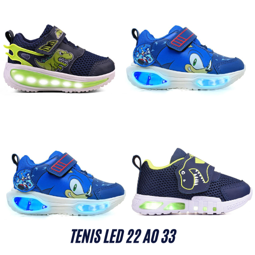 Tenis infantil menino LED luzinha brilha ao pisar dinossauro sonic confortável sem cadarço velcro