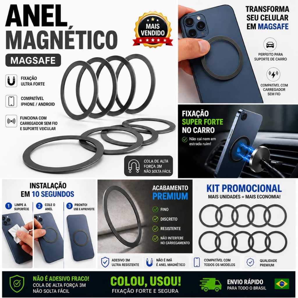 Anel Magnético metálico Adesivo Magsafe  Android e iPhone kit  3 peças
