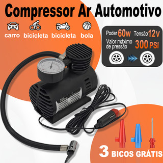 Compressor Ar Automotivo 12V 300PSI Mini Bomba Elétrica Encher Pneu Carro 3 Bicos Rápido Kinetx