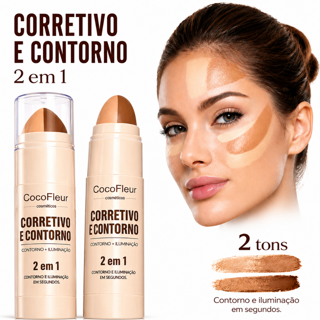 CocoFleur Corretivo e Contorno 2 em 1 Stick Facial Alta Cobertura, Iluminação e Contorno Profissional Fácil Aplicação